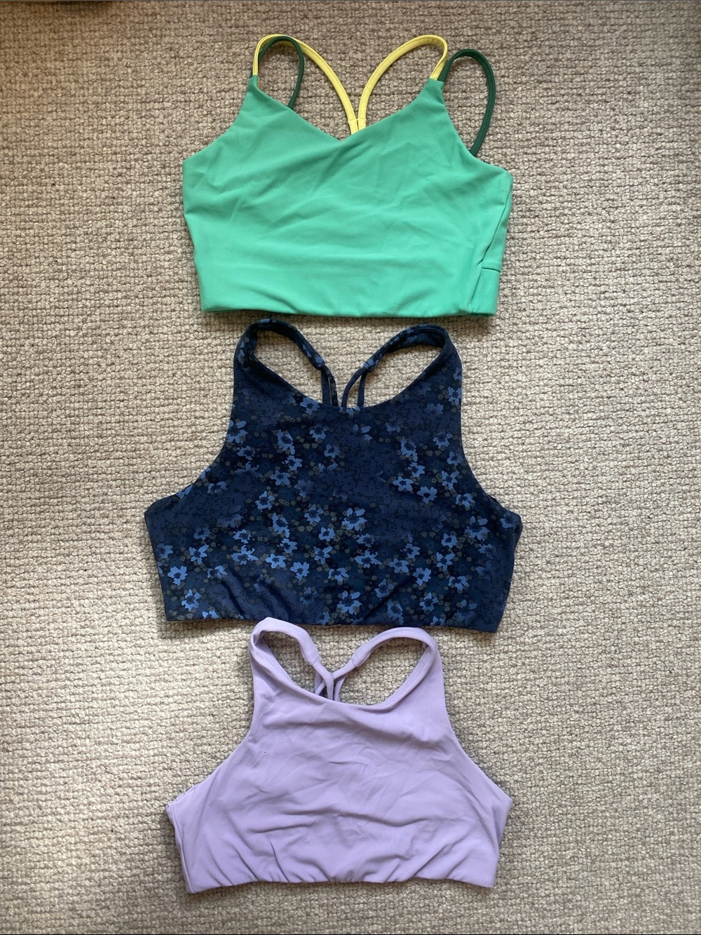 Old Navy & Target Green, Navy Floral & Lavender Sports Bralette Trio